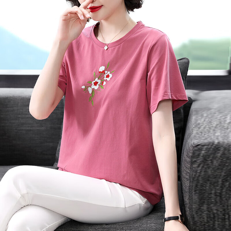 中年妈妈装纯棉短袖t恤女2024夏装新款中老年洋气上衣遮肚半袖衫 洋红