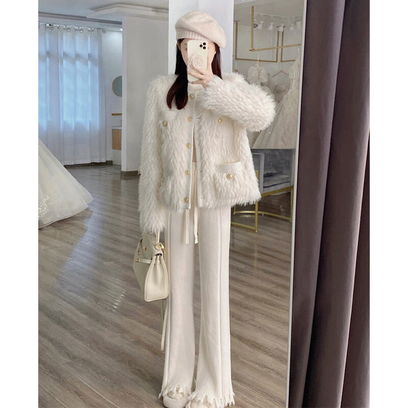 念玲瓏 NERLINLOR女服裝2024的新款時尚款套裝2023冬季名媛仿皮草拼接外套高腰針織 外套+直筒褲 兩件套 S