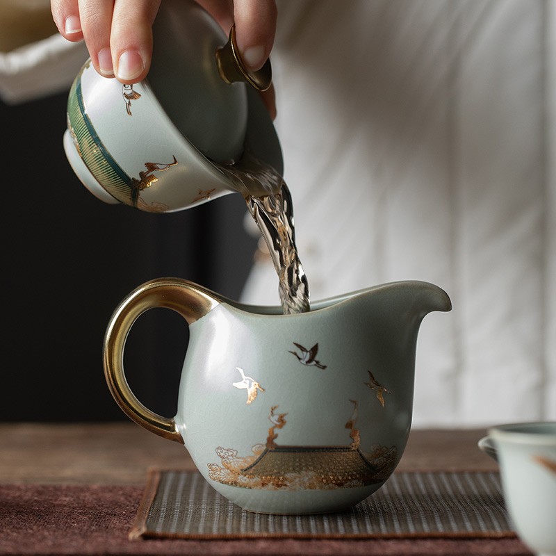 京峰阁 功夫茶具套装 茶壶汝窑瑞鹤呈祥盖碗茶杯可开片高档轻奢家用送礼 瑞鹤呈祥贵妃壶套装 6人饮 11件