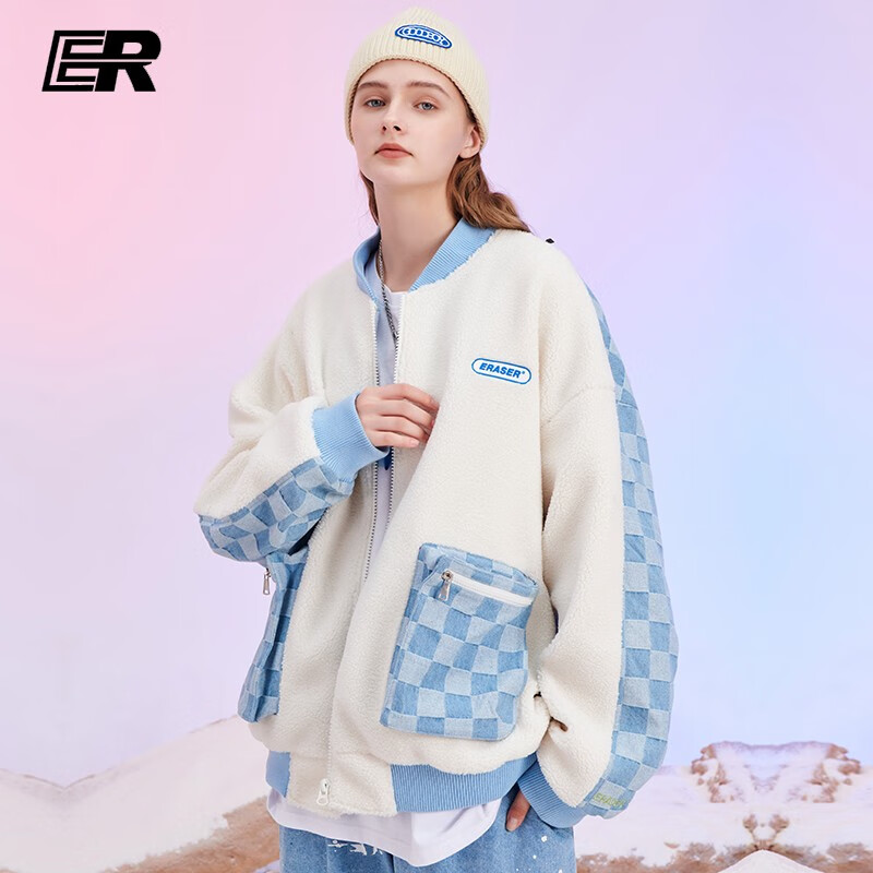 er笑脸羊羔毛拼接夹克新款国潮棋盘格棒球领短款外套男女同款上衣 米
