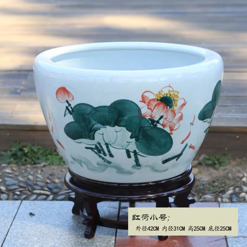 瓷小奴景德镇陶瓷画缸书画筒养金鱼缸睡莲花瓶卷轴睡莲缸 红荷