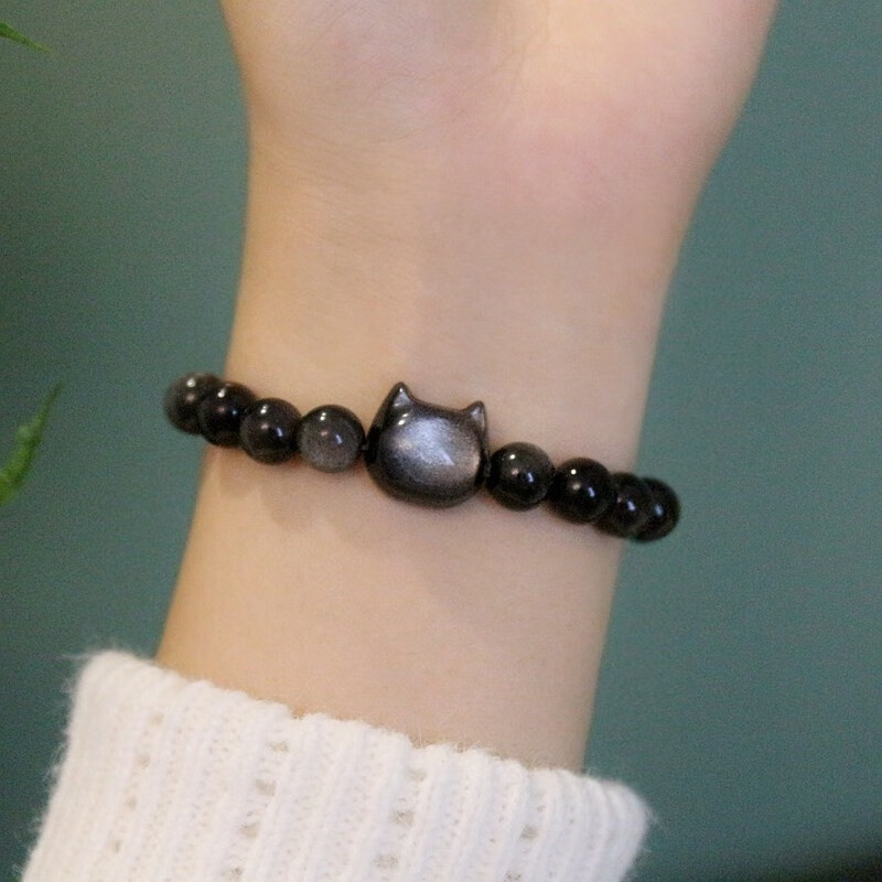 瓶凡天然银曜石猫咪猫头黑曜石手链男女情侣款闺蜜个性甜酷手串送