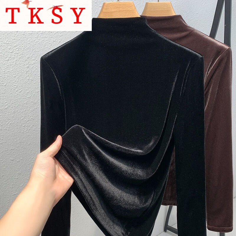 TKSY時(shí)尚黑色金絲絨半高領(lǐng)打底衫女冬感內(nèi)搭2025新款時(shí)尚洋氣上衣 黑色 2XL 【建議130-140斤】