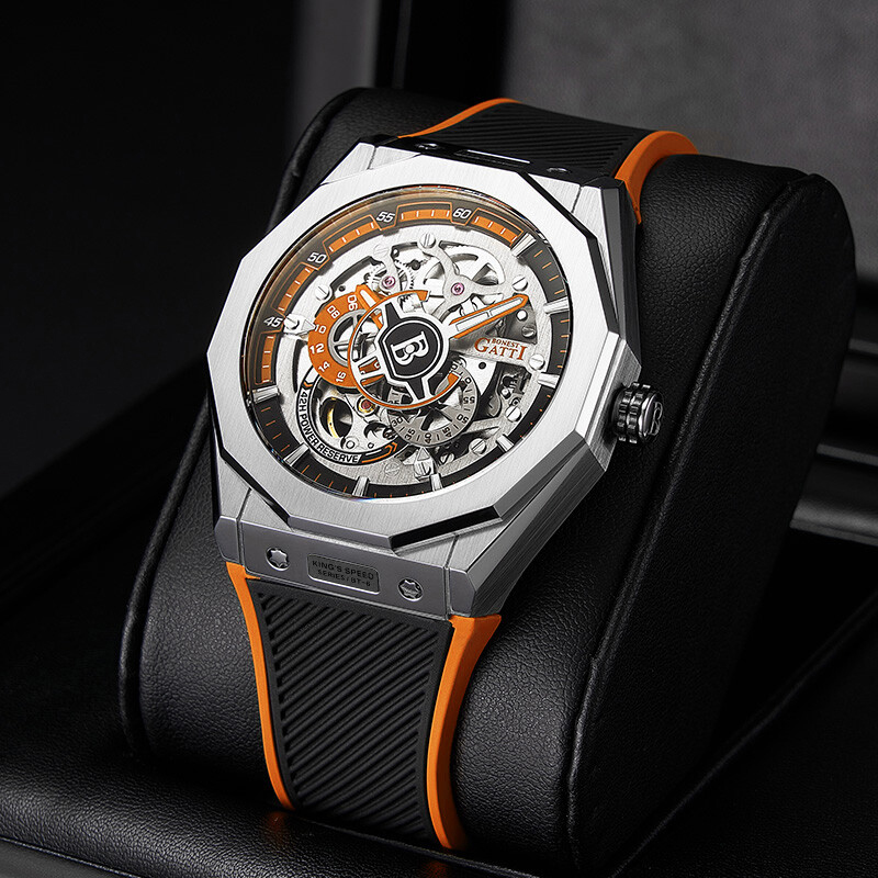 布加迪（BONEST GATTI）德国手表王者时速男士机械表全自动镂空霸气腕表情人节礼物送男友 7601-B6 暗夜黑 皮带款