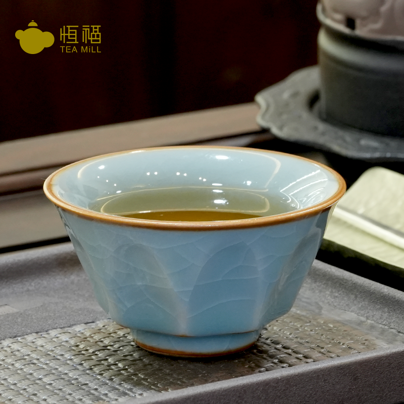 恒福哥窑陶瓷茶杯方圆杯主人杯功夫茶杯礼盒装 天蓝色