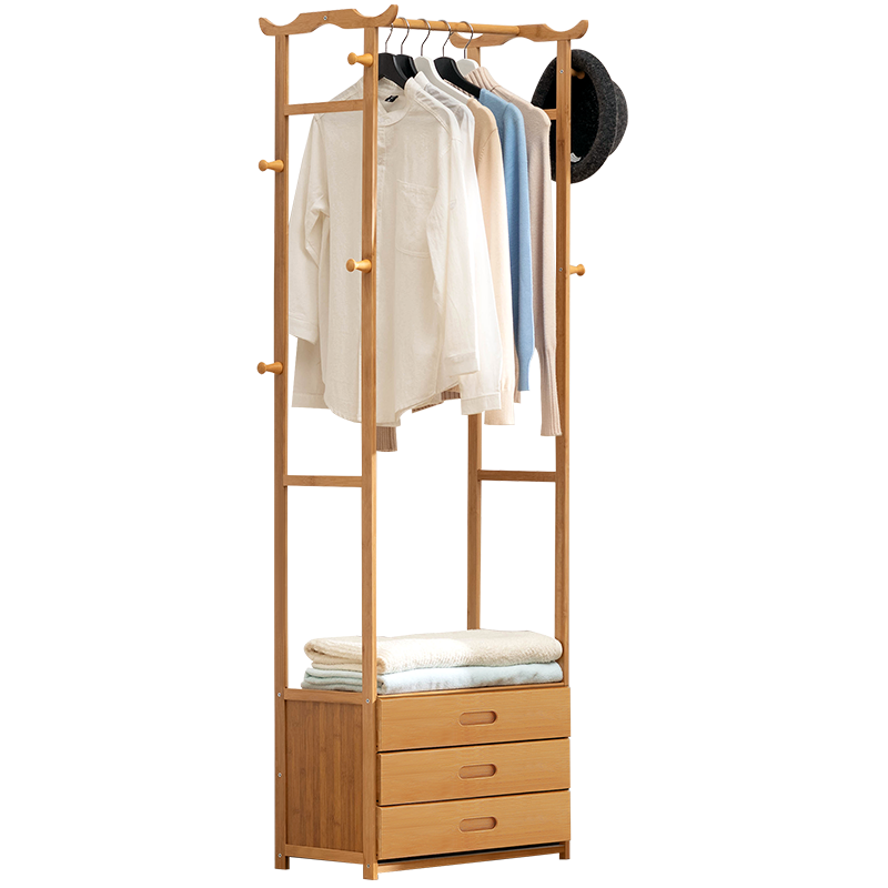 木马人 简易多层带抽屉落地衣帽架带裤架挂衣架卧室内实木置物架立式楠竹衣服架子现代简约鞋架收纳架置物架 经典款三层抽屉-无裤架款【原色】