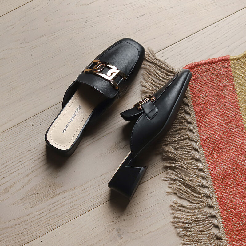 fengedun女士夏天半拖鞋皮鞋包头无后跟单鞋真皮女外穿夏季新款粗跟