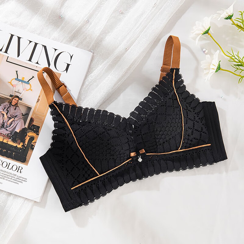 芬腾内衣女性感无钢圈聚拢文胸花朵蕾丝收副乳胸罩小胸显大奶罩 黑色
