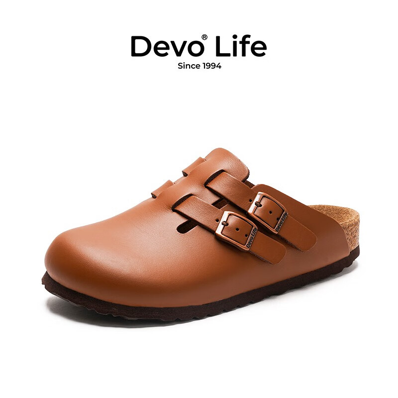 Devo Life的沃软木拖鞋女包头时尚复古文艺鞋半包亮面女士拖鞋22003 棕色亮面牛皮 36