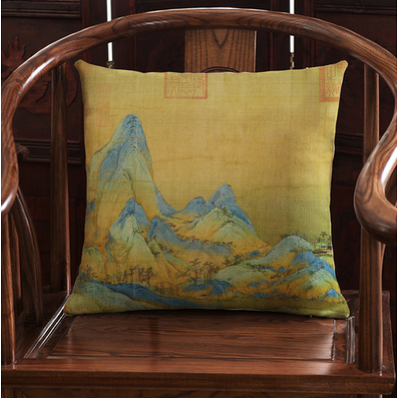 风靠枕套山水画禅意实木 k145千里江山图-1 45x45cm(外套不含枕芯)