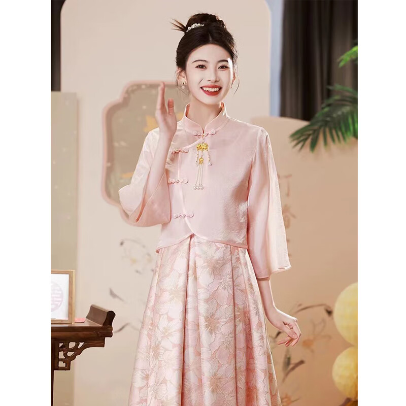 麥斯貝思新中式訂婚禮服女粉色旗袍敬酒服新娘小個子回門秋冬季長袖連衣裙 粉色 M（建議96-105斤）