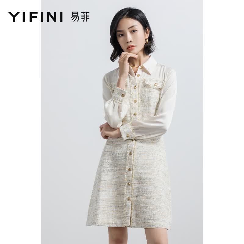 易菲(yifini)小香风连衣裙春季新款高级感气质款裙子中长款连身裙a02y