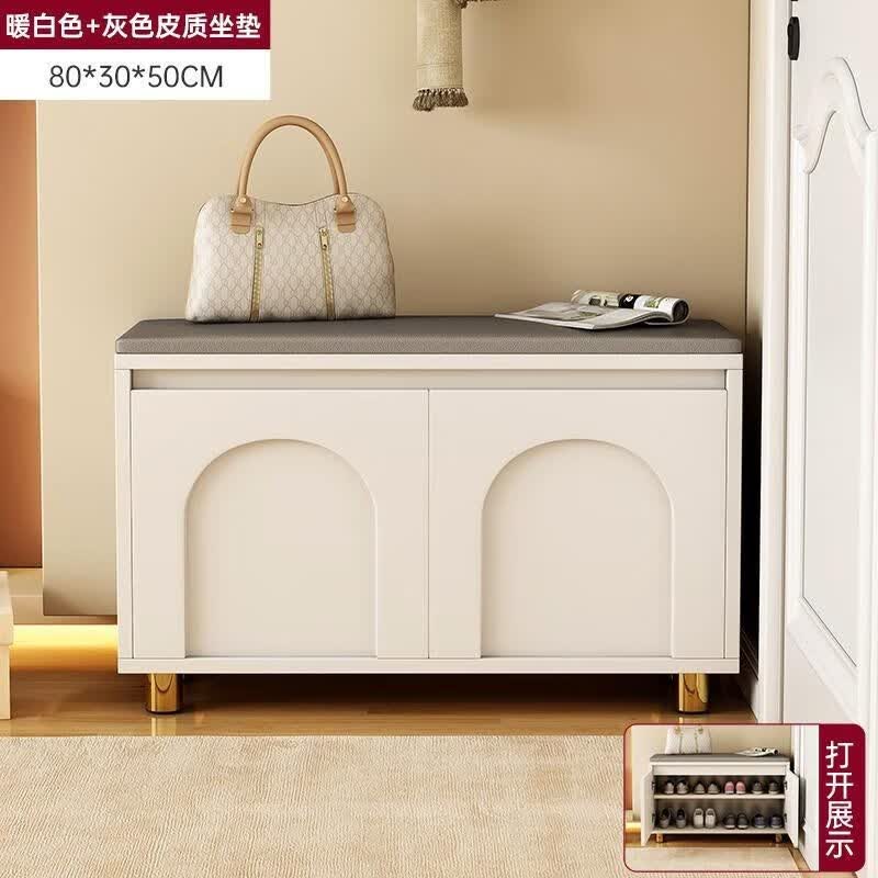 宏卿馨奶油风换鞋凳家用门口可坐鞋架入户多层鞋柜坐凳一体进门凳穿鞋凳 【灰色皮质坐垫】奶白色80cm