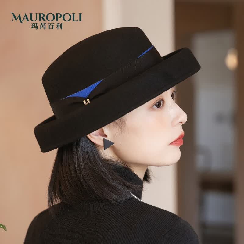 玛芮百利（Mauro Poli）礼帽女英伦复古羊毛呢帽子女秋冬新款时尚百搭盆帽灯罩形女士冬季毛呢毡帽 黑色 可调节M（55-58cm）属于什么档次？