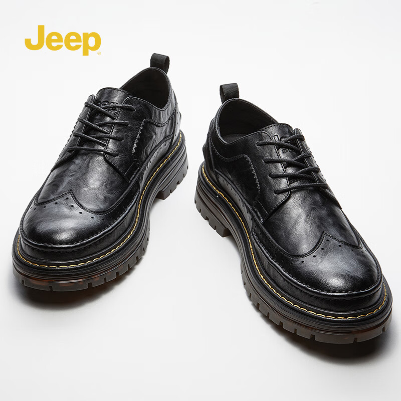 男鞋春季新款男士时尚休闲鞋男厚底系带潮流正装皮鞋子男 黑色 245/39
