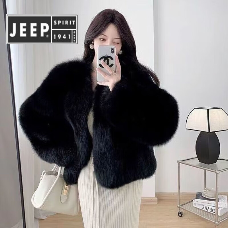 吉普(jeep)海宁水貂绒皮草外套女2023海宁冬季环保狐狸毛短款显瘦加厚