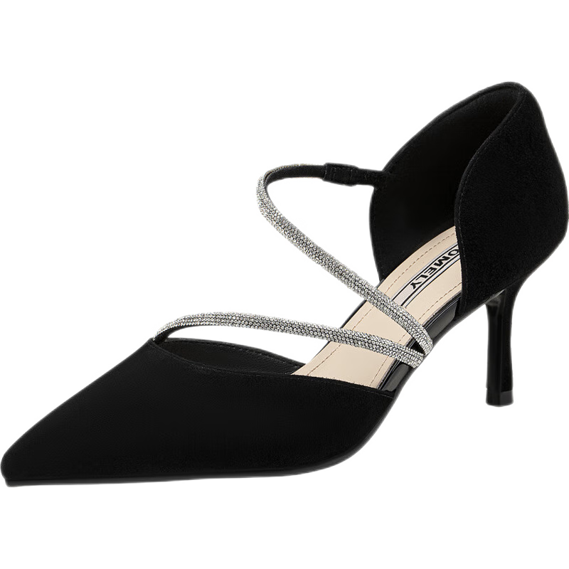 康莉【商場同款】單鞋女春季新款真皮細(xì)跟包頭涼鞋時(shí)尚尖頭高跟鞋 黑色 38