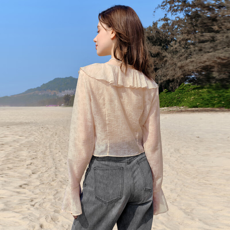 乐町甜辣废土风条纹肌理感荷叶边衬衫夏季新款辣妹收腰衬衣 棕色(现货) M