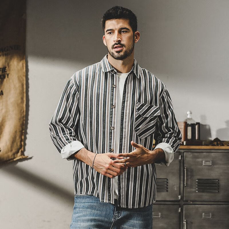 路蒙卡帝(remcaoti)美式休闲衬衫男长袖宽松秋季宽松男装条纹古着衬衣