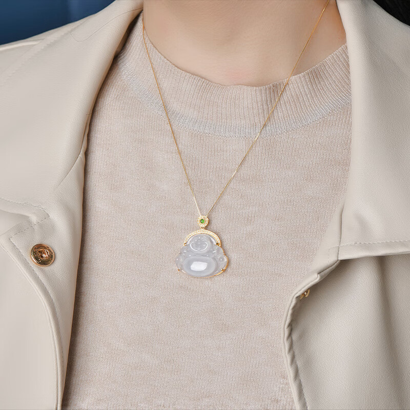 可玉可求翡翠玉佛吊坠女 18K金镶嵌玉石锁骨链 寓意喜乐安康 款八 B1255q