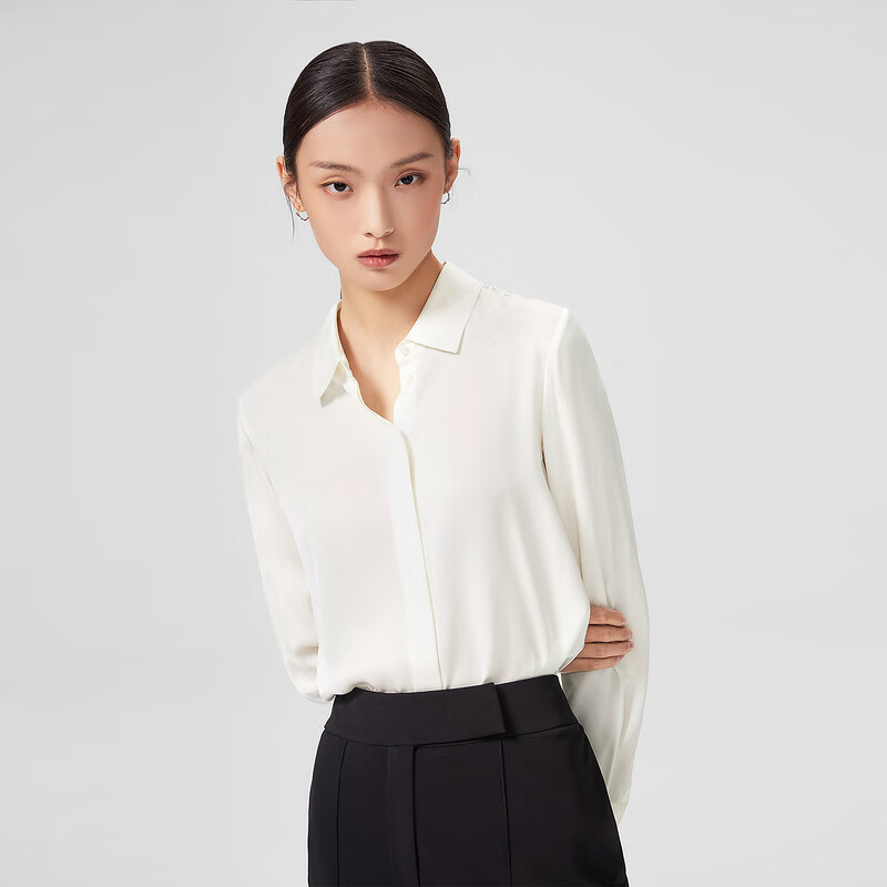 OVV【爱情而已同款】春夏女装22MM弹力双乔经典暗门襟衬衫 米白08 M