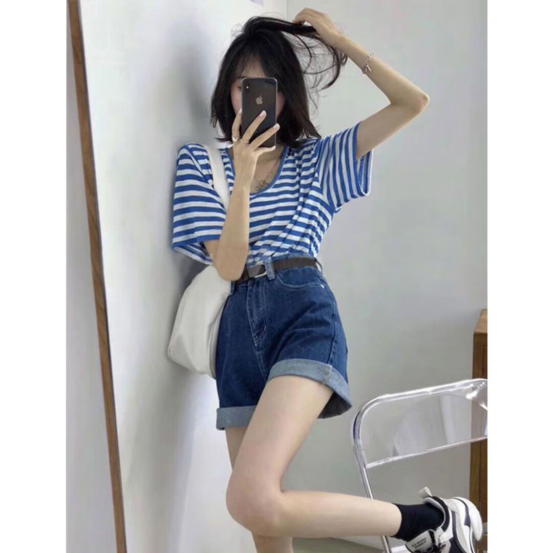 乥雪衫学生丁恤韩风短袖宽松蓝白条纹t恤女显 蓝白收藏关注优先发】 m
