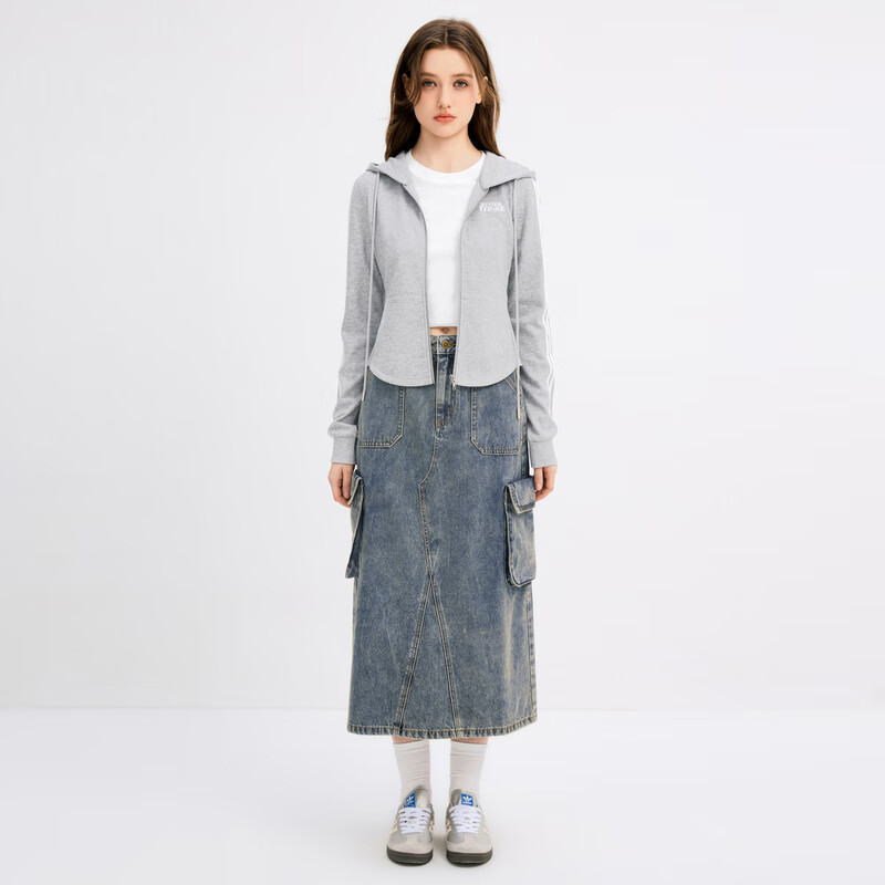 乐町韩系学院风秋季新款修身运动连帽衫收腰拉链开衫卫衣外套 灰色(现货) S