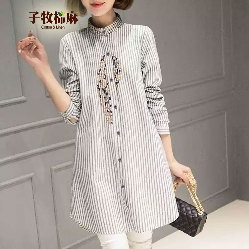 子牧棉麻秋装 女文艺民族风条纹衬衫上衣宽松显瘦长袖刺绣衬衣9009 灰白条纹 XL(建议125-135斤)