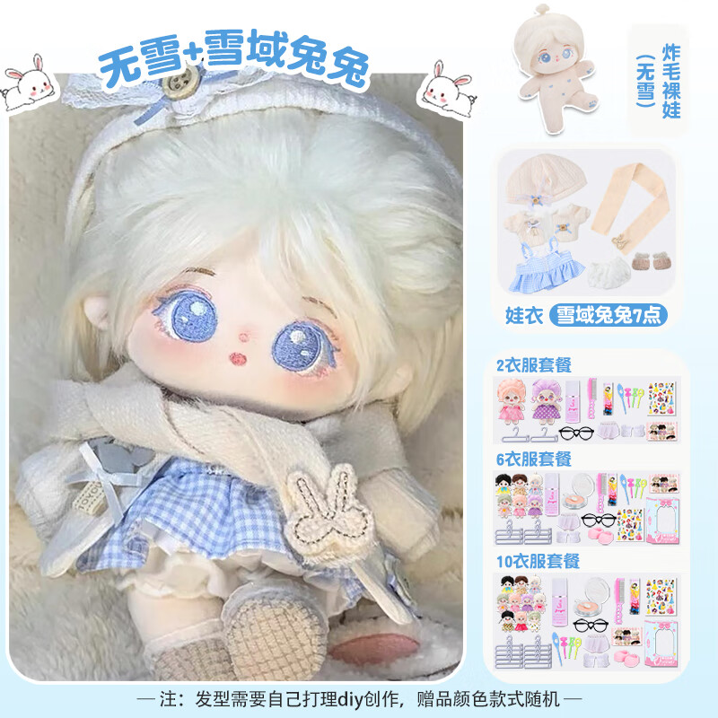 HKGX棉花娃娃20cm公仔毛绒玩具女孩可换装玩偶带骨架衣服生日礼物 【娃娃+娃衣】无雪+雪域兔兔(7点 无骨架【2裙+2衣架+眼镜+内裤+袜