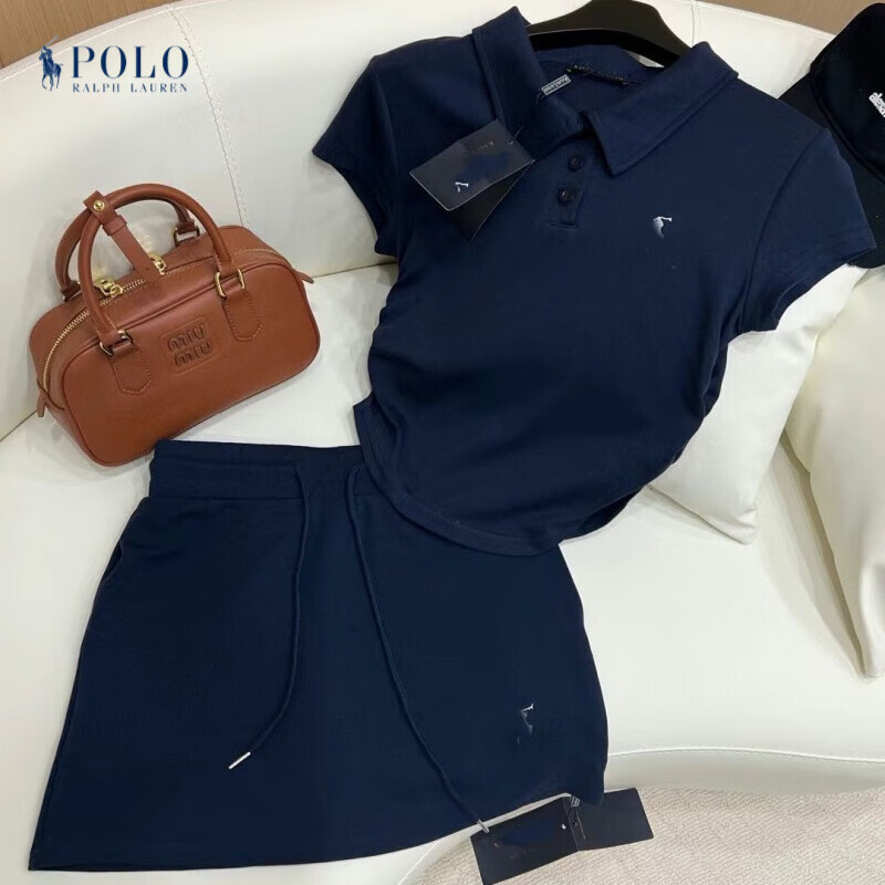 POLO SPORTPOLO PORT美國(guó)拉夫勞倫拉夫勞倫辣妹小馬刺繡POLO領(lǐng)收腰短袖上衣 藏青色裙套裝 S