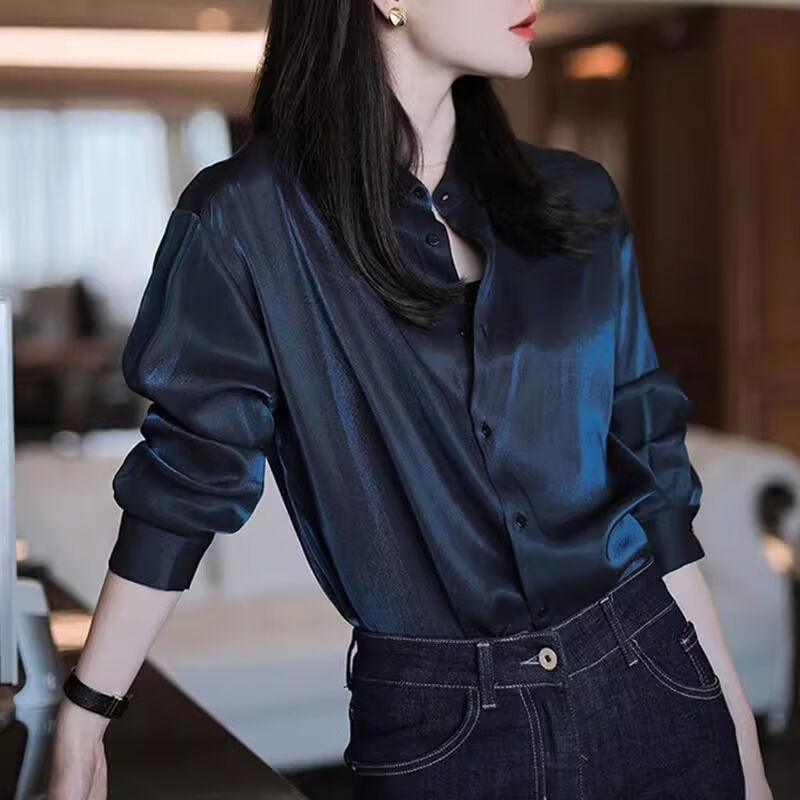 ujxw广东普宁女士衬衫秋季新款藏青色小立领长袖女设计感小众气质衬衣