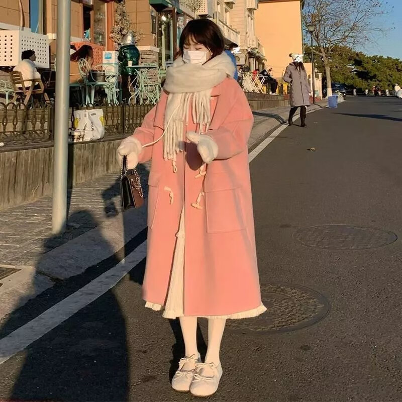 粉色牛角扣毛呢外套女秋冬韩版宽松小个子夹棉加厚呢子大衣女 粉色 s