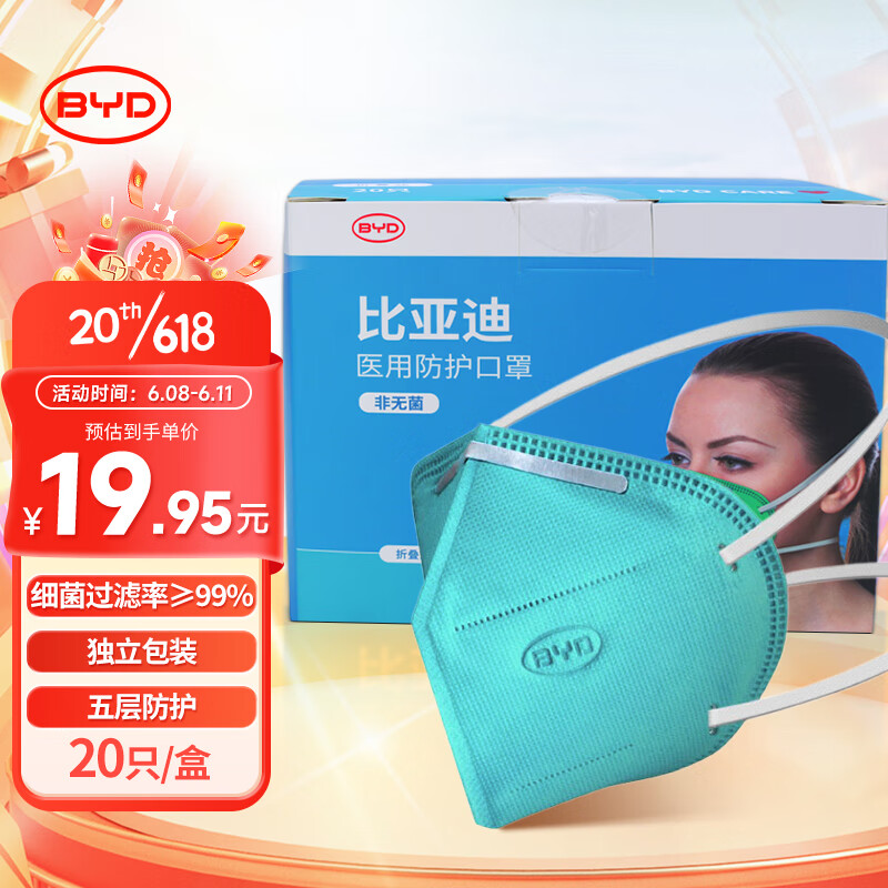 比亚迪(BYD) N95过滤级成人医用口罩五层防护舒适透气3D立体头戴式防风沙防尘口罩 20只独立包装