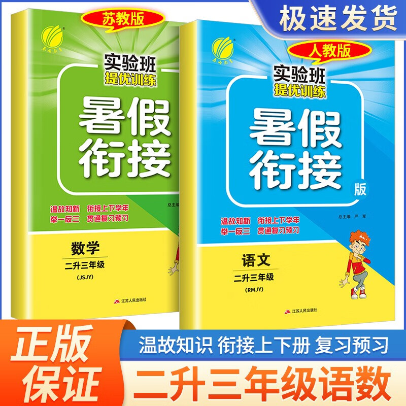 实验班暑假衔接二升三年级语文数学人教版北师大版苏教版提优训练培训班假期训练同步练习册作业本 【2本】语文人教+数学苏教
