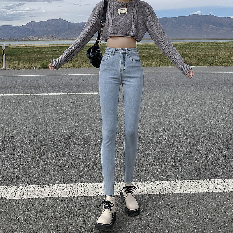 革代(gedai)夏天穿的超高腰性感牛仔裤紧身翻边牛仔裤女浅蓝色小脚