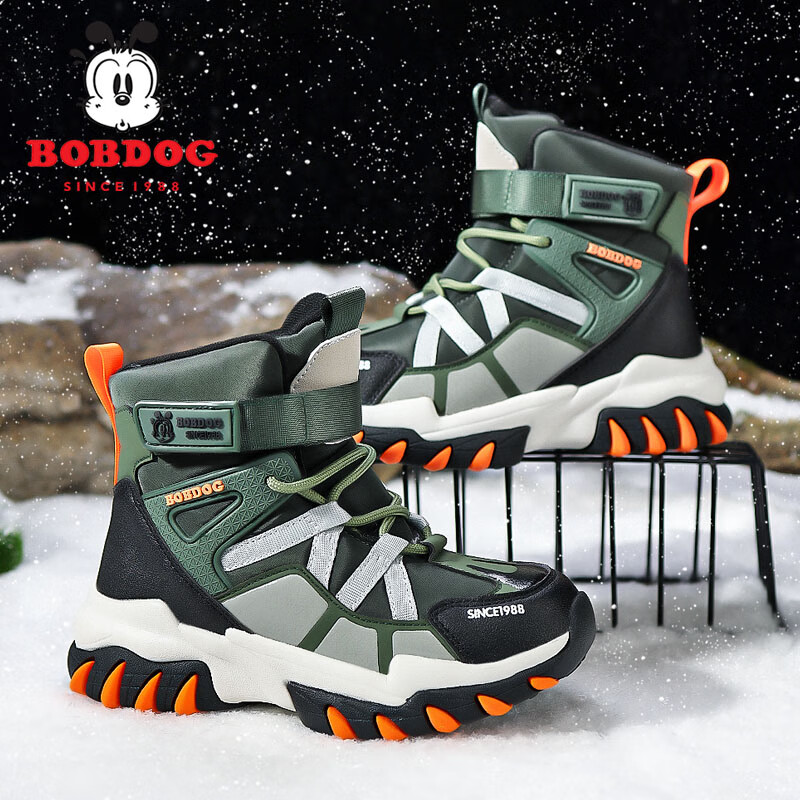 巴布豆（BOBDOG）童鞋男童棉鞋2025冬季新款运动加绒保暖棉靴中大童儿童雪地靴男孩 军绿加绒XT0058 37 码内长23.5cm