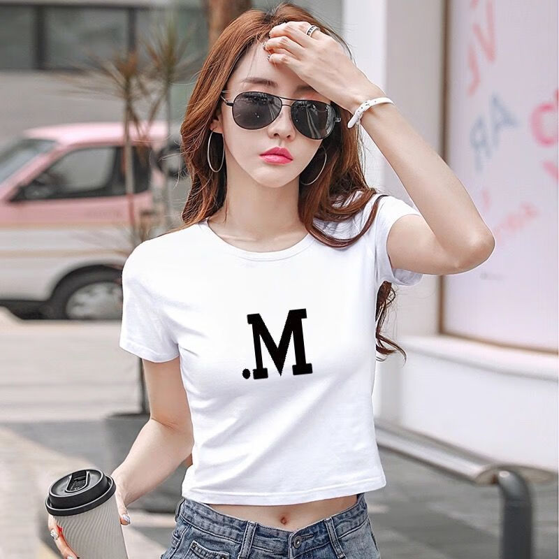 柒十念同款白色露脐短款紧身t恤女韩国修身漏肚脐小性感百搭上衣 短