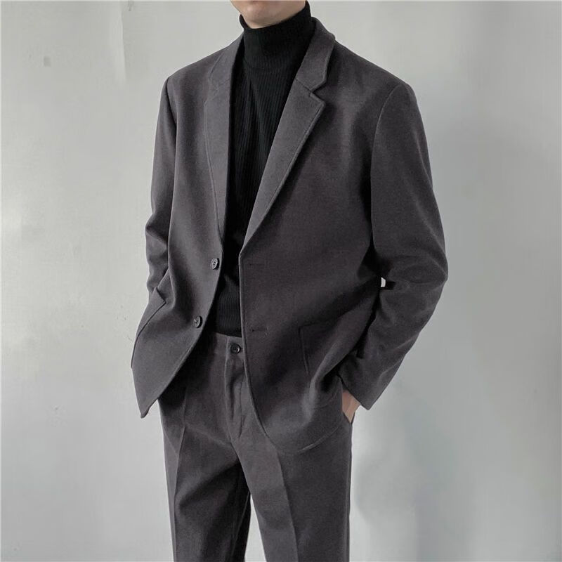 新款秋冬季韩版青年毛呢布小西装潮流帅气休闲西服男 深灰色毛呢外套