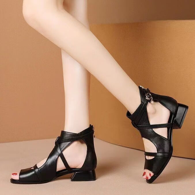 度凡尼斯女士凉鞋上班穿高档真皮真皮罗马凉鞋新款低跟高档气质百搭