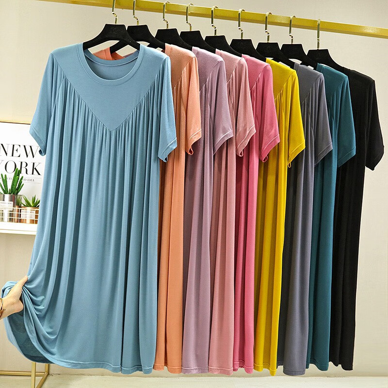 莫代尔夏薄款大码连衣裙女加肥加大中长睡衣裙百褶家居裙宽松睡裙 黑色 L（建议100-200斤