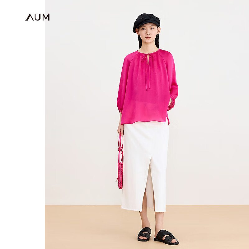 噢姆（AUM）【貝殼衫】AUM噢姆24夏季新款緞面桑蠶絲寬松廓形綁帶女士上衣 梅紅 S