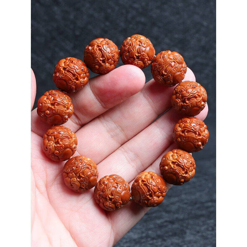 豪迎 橄榄核正圆纯手工雕刻铁核唐狮手串 圆珠文玩佛珠核雕手链男女