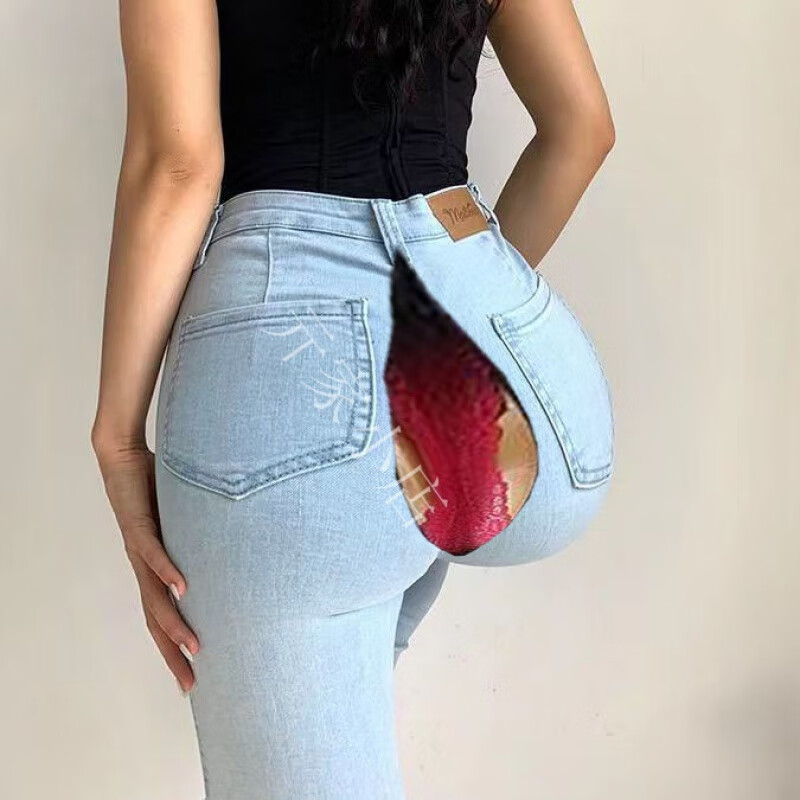 特美刻开裆裤女户外开档裤女户外隐形拉链开档牛仔裤高腰蜜桃臀 浅