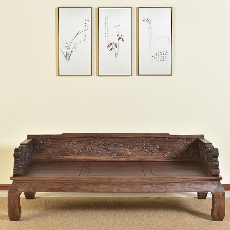 榆木全实木雕刻麒麟图案多功能单人沙发床客厅家具罗汉榻 麒麟罗汉床