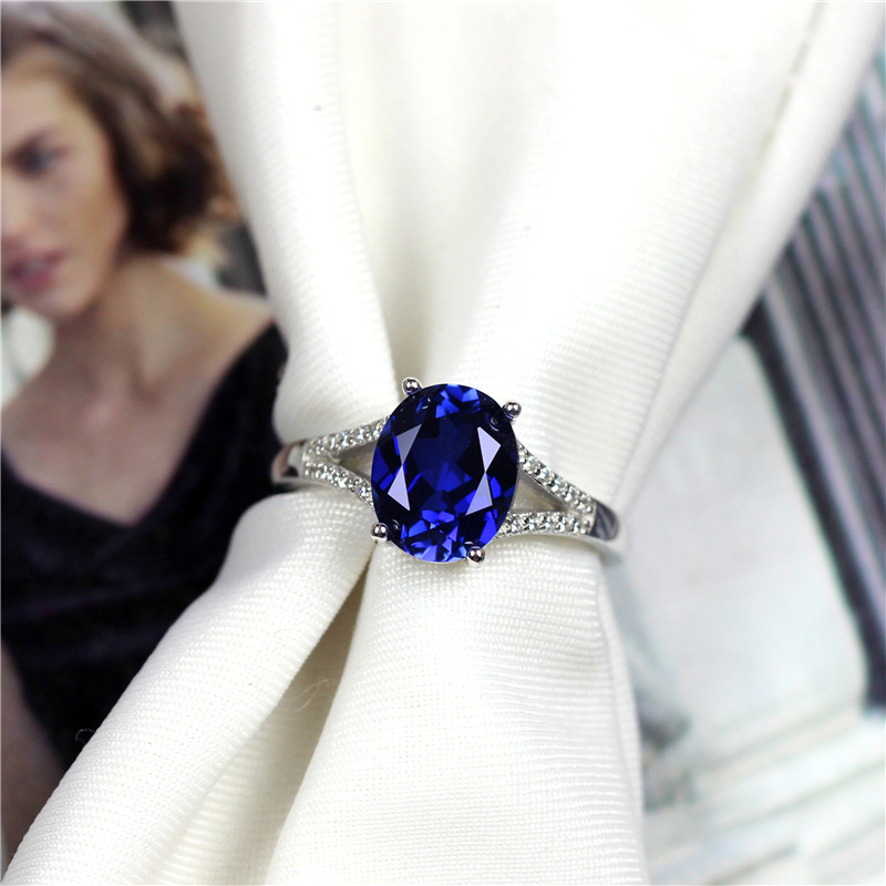 s925银椭圆形合成坦桑蓝宝石戒指女韩版开口刻调节指环礼物 银色(主石
