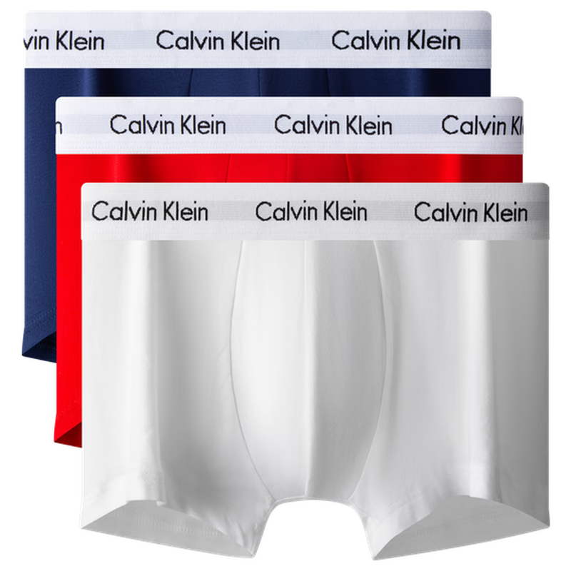 Calvin Klein內(nèi)衣男士三條裝ck提花腰邊低腰棉質(zhì)貼身防夾臀四角褲平角內(nèi)褲男 U2664I03-海軍藍(lán)/楓葉紅/月光白 3條 XL