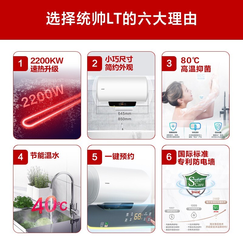 海尔（Haier）出品统帅电热水器电储水式数显 家用洗澡小体积短款专利防电墙上门安装LT【安心浴】 50升【1-2人】