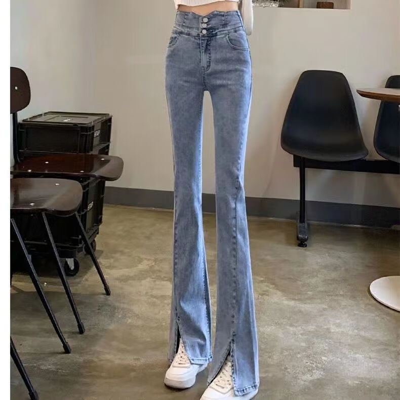 仕凡一秋冬小个子开叉微喇叭裤女高腰修身显瘦高腰仔裤女春秋新款修身