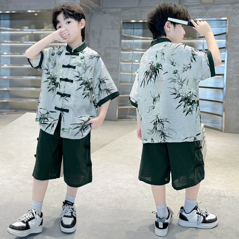 猴兄仔童装男童短袖汉服套装夏季男孩中国风复古衬衫短裤两件套中大儿童 绿色 150(建议身高140CM左右)