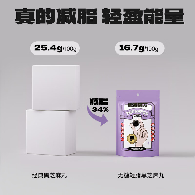 老金磨方【黑金系列】无糖轻脂黑芝麻丸45g袋装黑色食材办公室零食糕点 无糖轻脂黑芝麻丸 45g*1袋